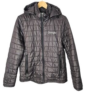Fossa Apparel Google Logo Puffer Jacket Unisex Small‎ Black Hooded Quilted Tech